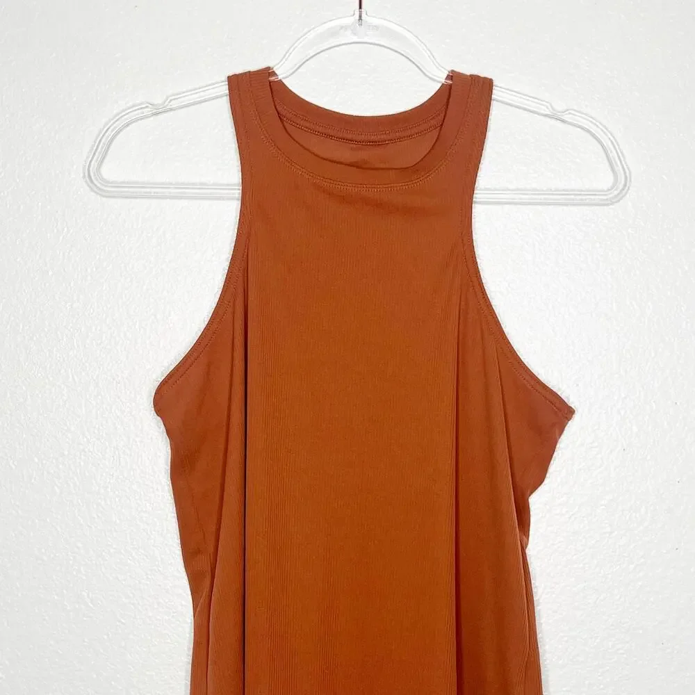 NIKE Dri Fit Studio Ribbed Athletic Tank Top Racerback Burnt Orange Womens Sz M